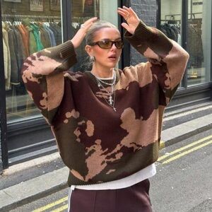 Oversized Brown & Camel Patterned Knit Sweater
